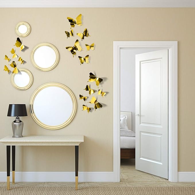 BBTO 48 Pieces Butterfly Wall Decor DIY 3D Mirror Butterfly Stickers Removable Decals Crafts for Birthday Party Bedroom School Bathroom Living Room Decor(Gold)