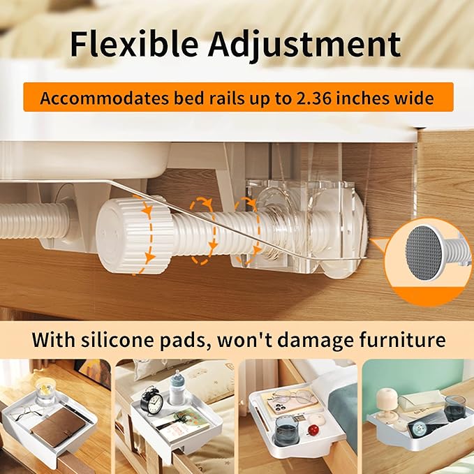 Bedside Caddy for Dorm Bed - Clip On Nightstand with Cup Holder, Floating Bed Side Table Tray Storage,College Dorm Room and Kids Room Essentials,Blending Decor and Storage （White）