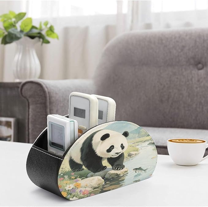Panda Playful Fish Remote Control Holder Organizer Box with 5 Compartment PU Leather Bedside Storage Caddy Remote Organizer for Controller Media Player Pen/Pencil Storage