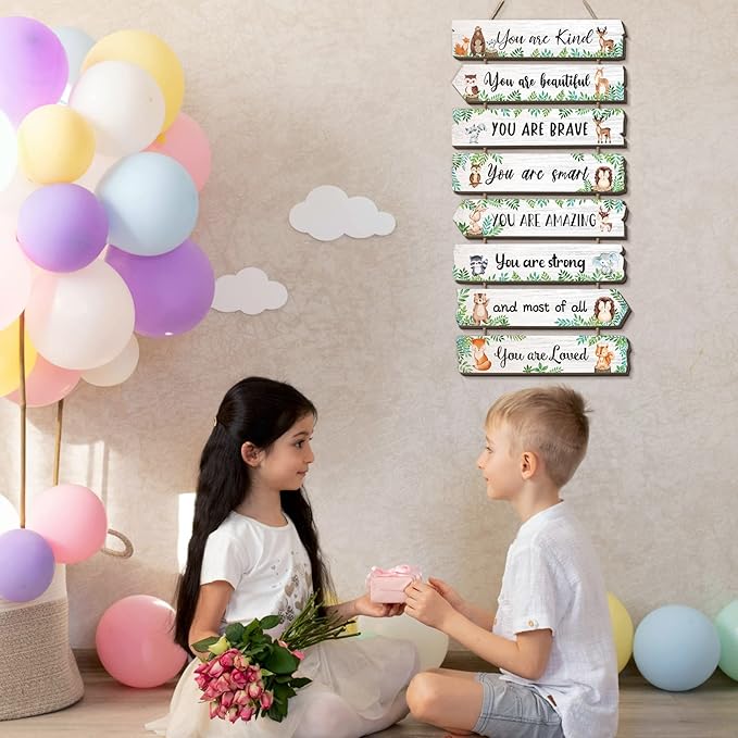 Inspirational Girl Room Decor Aesthetic Art Wall Hanging Sign Inspiring Colorful Rainbow Wooden Decoration for Kids Teens Toddler Boy Baby Bedroom Nursery Dorm Decor, 6-12 Years old (Woodland Animal)