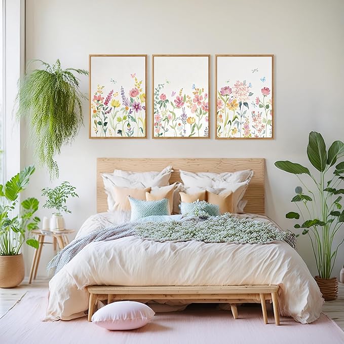 CHDITB Wildflower Framed Canvas Wall Art Set Of 3,Flower Artwork Modern Floral Wall Decor, Watercolor Nature Wall Painting, Minimalist Butterfly Art Prints For Bedroom Living Room Office Decor-12”X16”