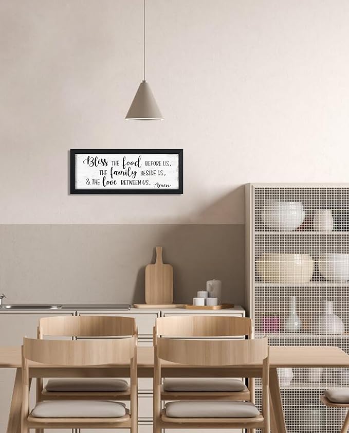 Bless the Food Before Us Wall Decor: Christian Bible Verse Wall Art Farmhouse Kitchen Dining Room Wall Decor Framed Small Plaque with Sayings - The Family Beside Us and The Love Between Us Signs