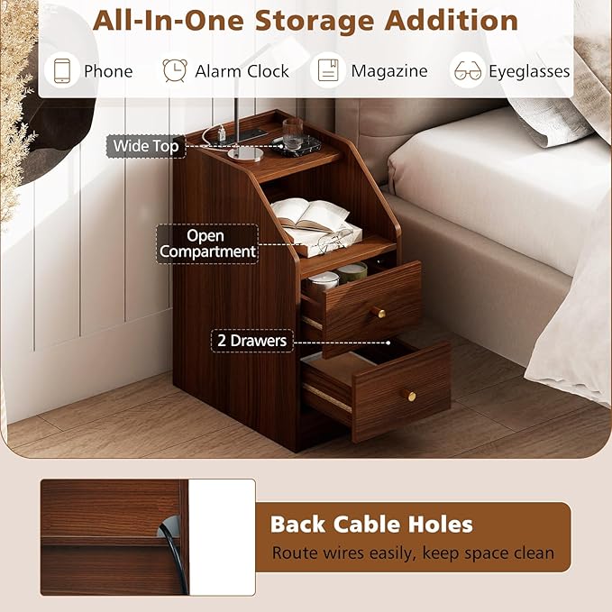 KOMFOTT Set of 2 Side Tables with Charging Station, End Tables with Storage Drawers, Sofa Couch Tables for Small Space, Modern Narrow Nightstands for Bedroom (Walnut,2)
