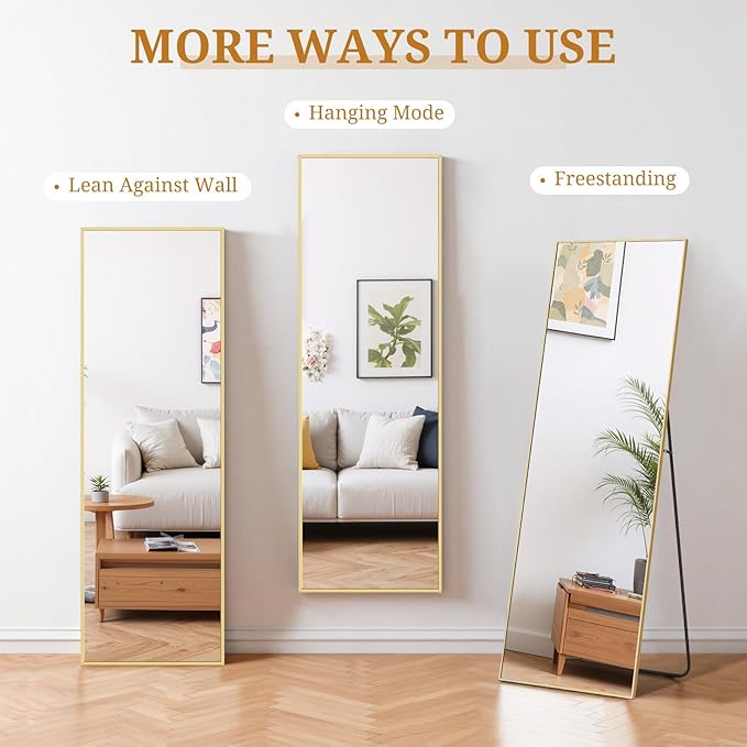 Full Length Mirror 56"x15" Full Body Mirror Rectangle Free Standing Wall Mounted Leaning Floor Mirrors with Stand Aluminum Alloy Frame for Bedroom Cloakroom, Gold
