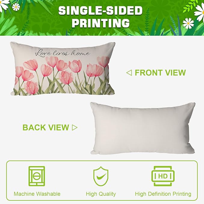 Pillow Covers 12x20 Inch Set of 4 Tulip Home Sweet Home Pink Throw Pillows Decorative Pillow Cases Hello Summer Spring Seasonal Farmhouse Decorations for Sofa Couch