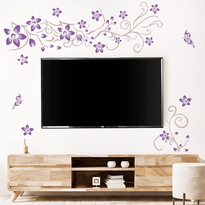 Supzone Flowers Vine Wall Decals - Purple Flowers Stickers With Butterflies, Removable Vinyl DIY Home Art for Bedroom, Living Room, Sofa Backdrop, TV Decoration