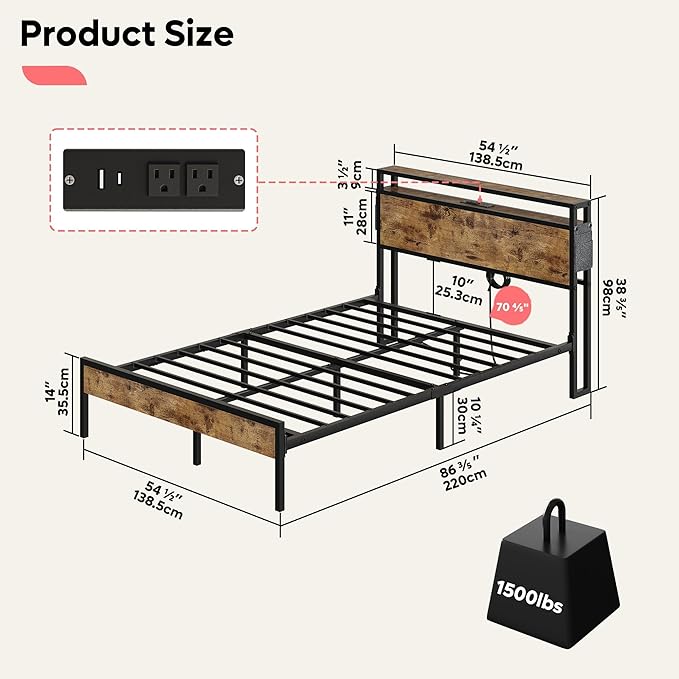 Bestier Full Size Bed Frame with Headboard and Storage, Dual LED Platform Bed Frame with Charging Station, Non-Slip Metal Bed Frame, Noise-Free, Easy Assembly