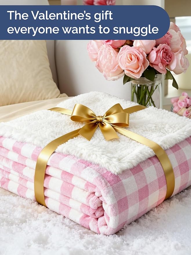 Sherpa Fleece Blanket Throw Size - Reversible Sherpa Fleece Throw Blanket - Super Soft Double Sided for Bed, Sofa, Couch - Thick, Warm, Plush - Luxurious Bedding for Winter - Pink Checkered, 50" x 60"