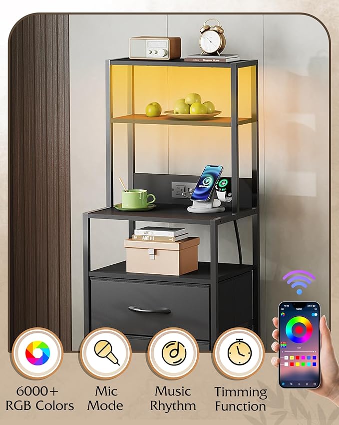 WLIVE Tall Nightstand with Charging Station, LED Night Stand with 3 Fabric Drawers and Storage Open Shelves, Bedroom Nightstand table, Bed Side Table for Living Room, Black