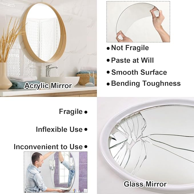 JUNEBRUSHS Round Mirror, 16 Inch Round Wall Mirror Fogless Shatterproof Bathroom Circle Acrylic Mirror Unbreakable Frameless Wall-Mounted Mirrors for Wall Living Room Bedroom Home Decor