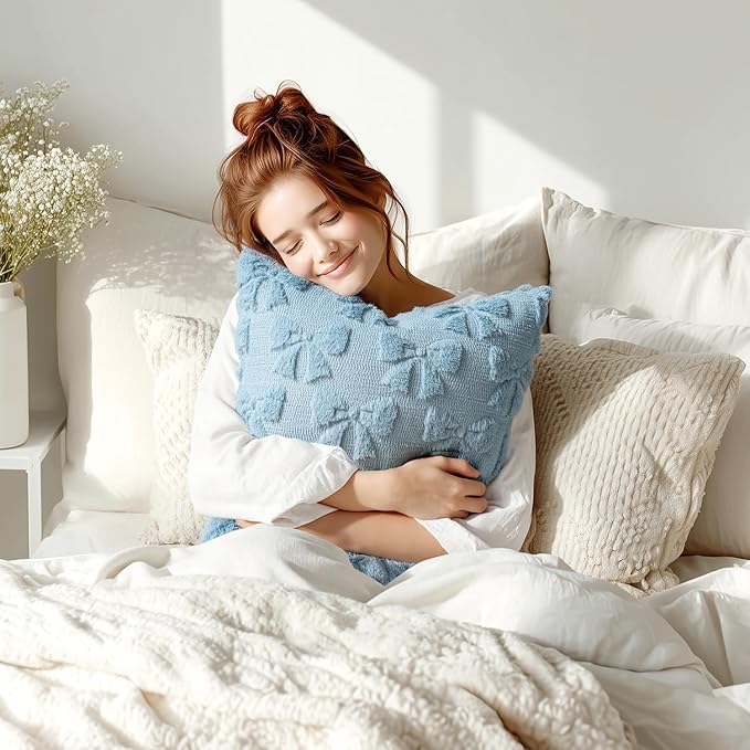 MIULEE Blue Bow Pillow Covers Coquette Room Decor Aesthetic Set of 2 Spring Decorative Cute Girl Soft Plush Faux Pillowcase for Preppy Room Decor Bedroom Couch,18x18 Inch