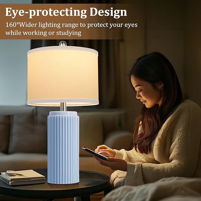 TOBUSA 23.5’’ Sky Blue Farmhouse Table Lamps for Living Room Set of 2, Modern Elegant Ceramic Bedside Nightstand Lamps with White Linen Shade for Bedroom, Coastal Lamps Set for Study Home Office