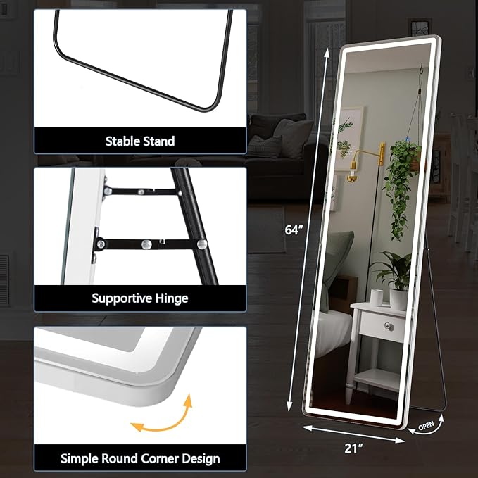 DUMOS LED Full Length Mirror, 20"×63" Floor Standing Mirror with 3 Color Lights & Wall Mounted for Bedroom, Dressing Room, Living Room, Bathroom