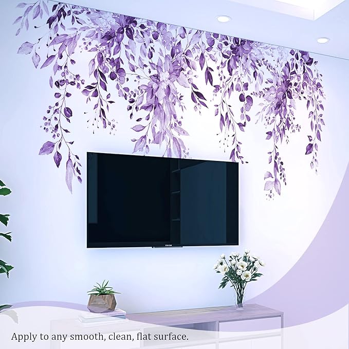Purple Plants Leaves Wall Decals Peel and Stick, Large Floral Flowers Wall Stickers, Removable Vine Home Decor Art for Bedroom Living Room Classroom Office