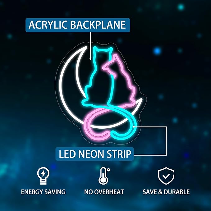 Moon Cat Neon Signs for Wall Decor, Cute Cat Led Sign, USB LED Light Sign for Bedroom Decor, Neon Sign Gift for Girls, Light Up Sign for Birthday Party Decoration