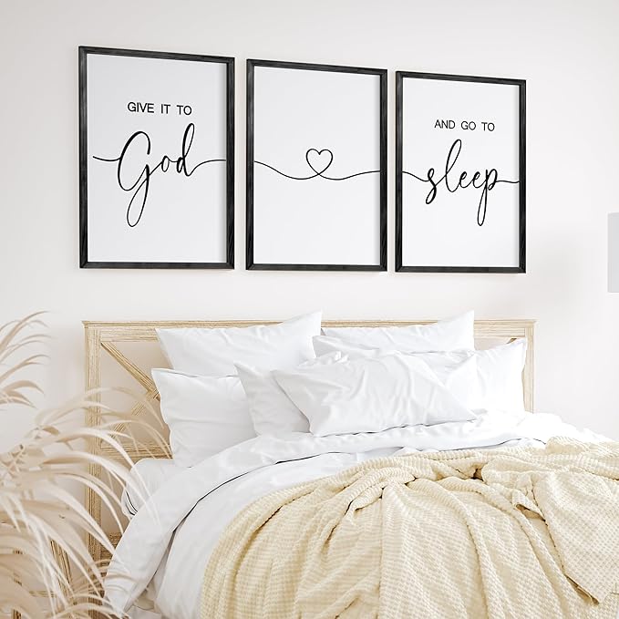 Heiple Give It to God and Go to Sleep Sign Set of 3 Above Bed Wall Decor Farmhouse Bedroom Decor Wood Framed Art Rustic Master Bedroom Essentials Home Decoration (Black, 11”x14”)