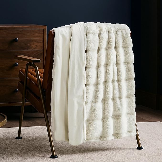 Cozy Bliss Faux Fur Throw Blanket for Couch, Cozy Soft Plush Thick Winter Blanket for Sofa Bedroom Living Room, 50 * 60 Inches Beige (Pack of 2)