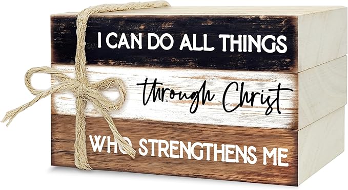 Decorative Books for Home Decor, Wood Book Stack for Table Decor, I Can Do All Things Through Christ Who Strengthens Me Decoration Books for Office Shelf, Farmhouse Stacked Books Decoration (L72)