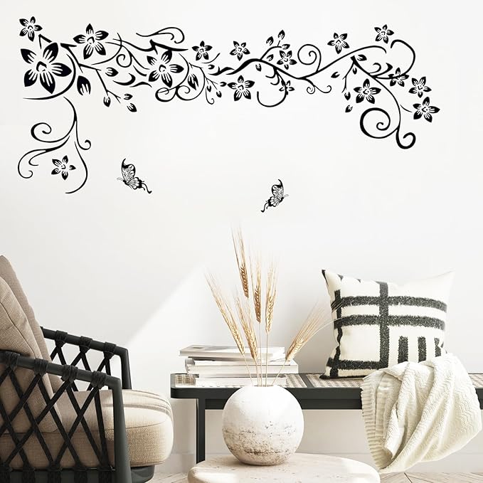 Supzone Flowers Vine Decals Black Flowers Butterfly Wall Decor Removable Vinyl DIY Home Art Stickers for Bedroom Living Room Sofa Backdrop TV Wall Decoration