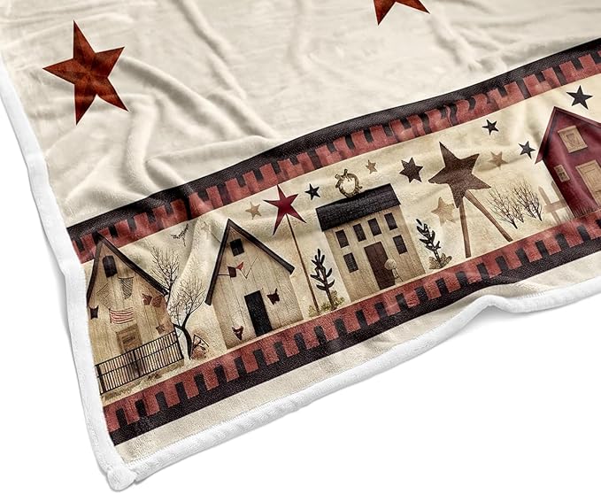 JAWO Rustic Country Throw Blankets, Primitive Barn Star Cozy Warm Bed Couch Blanket, Christmas Farmhouse Theme Fleece Flannel Throws to Decorate The Room and Bedroom 60X70IN