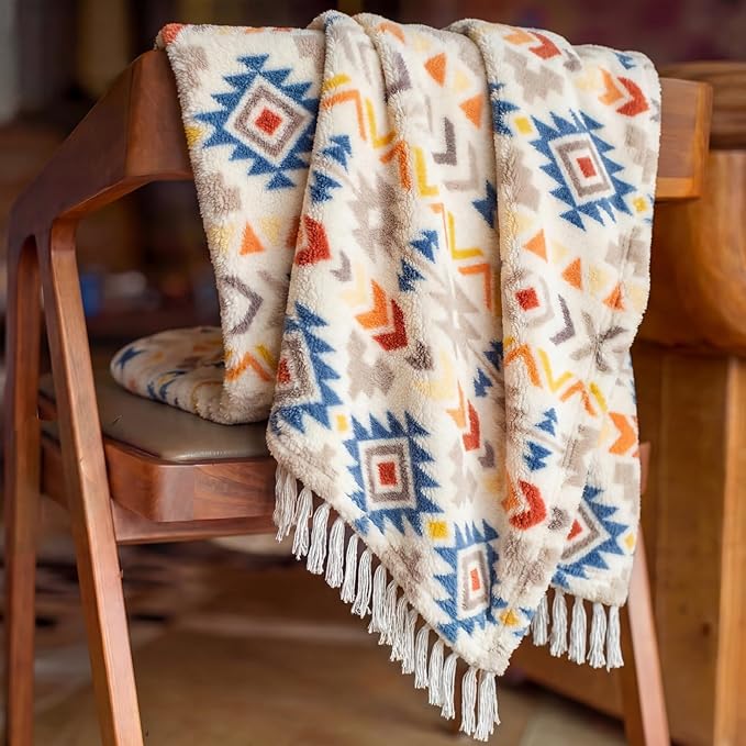 CASAAGUSTO Boho Throw Blanket - Colorful Decorative Blankets with Tassel, Printed Flannel Bohemian Blanket for Chair, Bed, Sofa, Couch(50 * 60, Colorful)