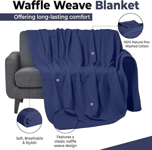 100% Cotton Blankets for Bed - Waffle Weave Blankets for Summer, Lightweight and Breathable Soft Woven Blanket for Spring (Navy, Queen (90" x 90"))