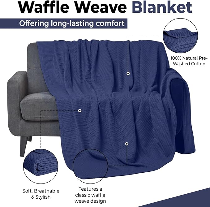 100% Cotton Blankets for Bed - Waffle Weave Blankets for Summer, Lightweight and Breathable Soft Woven Blanket for Spring (Navy, Throw (50" x 60"))