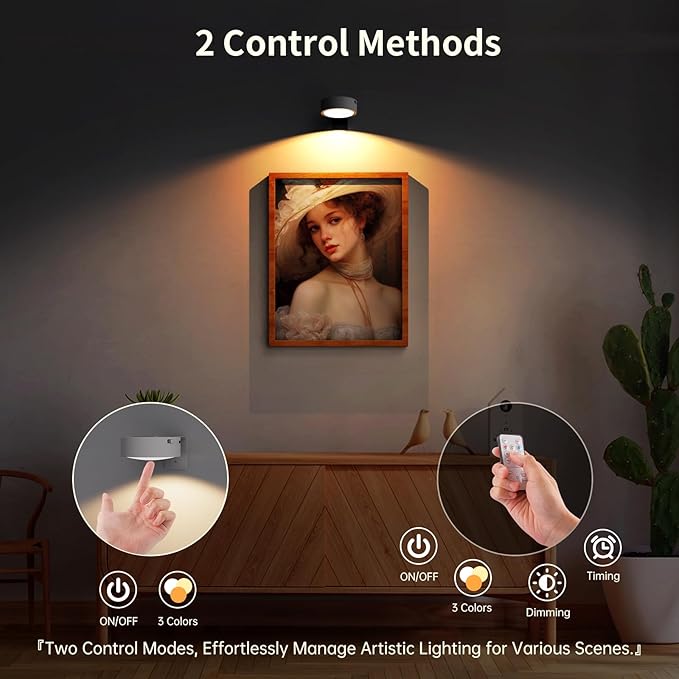 6 Pack Picture Lights for Wall, Rechargeable Battery Operated Wall Lights, Picture Frame Lights with 3 Lighting Modes, Wireless Magnetic Painting Light with Remote Control Timer, (White)