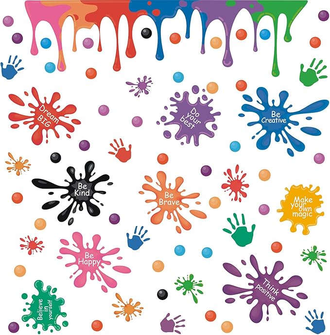 HLNIUC Colorful Inspirational Wall Decals 31pcs Positive Saying Ink Splatter Splotches Wall Sticker Watercolour Motivational Lettering Wall Peel and Stick Decor for Kid Playroom Daycare Art Decor