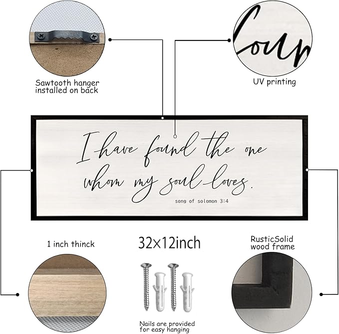 I Have Found The One Whom My Soul Loves Sign Wall Art Decor 32"x12" Modren Master Bedroom Above Bed Wood Framed Song of Solomon 3:4 Large Living Room Bible Verse Wall Hanging (Black)