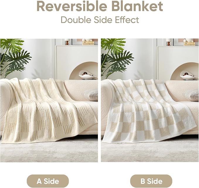 Snuggle Sac Faux Fur Checkered Blanket Twin Size with Soft Knitted Microfiber,Reversible Soft Cozy Warm Blanket for Sofa Bedroom,Cute Lightweight Striped Throws for Women,Heather Cream,60x80 inches