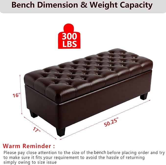 50.25" PU Leather Storage Ottoman Bench for Bedroom Bed End,Tufted Faux Leather Ottomans with Storage for Living Room,Bedside,Entryway,Modern Window Benches with Seating