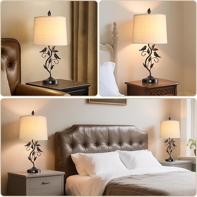 RORIANO 27" Set of 2 Touch Farmhouse Table Lamps for Living Room with 3-Way Dimmable 2 USB Ports, Vintage Rustic Iron Leaf Nightstand Lamp for Bedroom, LED Bulb Included (‎Bronze)