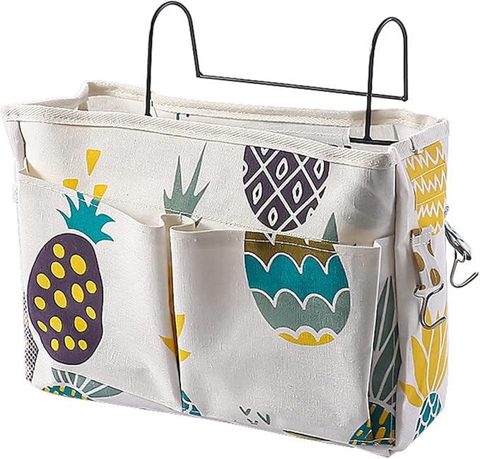 Surblue Bedside Caddy Bedside Storage Bag Hanging Organizer for Bunk, Hospital Beds, Dorm Rooms Bed Rails Camp 4 Pockets and 2 Hooks (Pineapple)