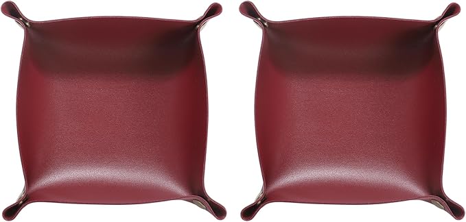 HARFINGTON 2pcs PU Leather Valet Tray Unisex Folding Small Catchall Tray Portable Entryway Table Tray Nightstand Bedside Desk Tray for Key Wallet Watch Coin Jewelry Dice, Wine Red