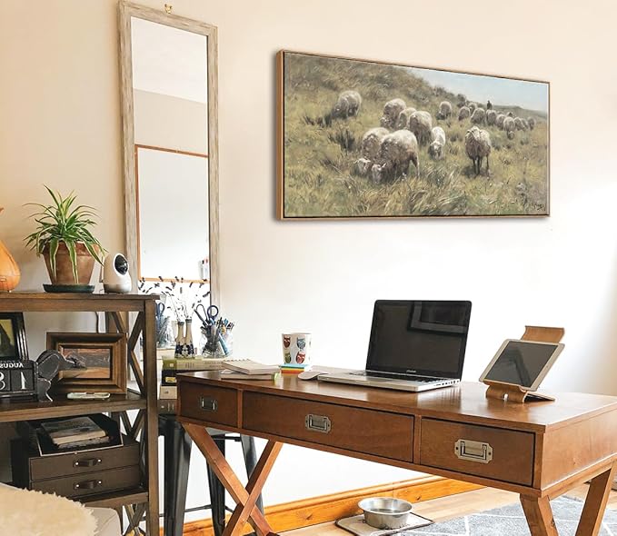 DJSYLIFE Farmhouse Framed Wall Art, Sheep on the Dunes Wall Picture, Vintage Sheep Oil Painting Canvas Print, Large Artwork for Living Room Bedroom Decor, Home Decorations 20x40 Inch