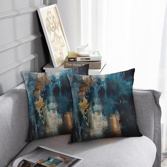 Britimes Throw Pillow Covers Modern Home Art Decor, 18 x 18 Inches Set of 2 Pillow Cases Decorative, Abstract Oil Painting Pillowcases for Bedroom, Living Room, Cushion Couch Sofa, Teal Black