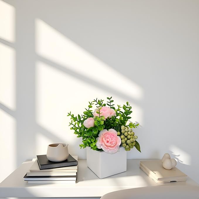 LADADA Artificial Pink Peony Flowers with Eucalyptus and Green Berries in White Square Vase - Fake Floral Arrangement for Home Decor, Table Centerpiece, Bathroom, Office, Wedding, Farmhouse Decor
