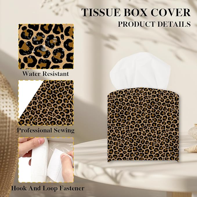 Leopard Tissue Box Cover, Modern Tissue Holder Square with Bottom Belt for Home Bathroom Office Car Nightstand Vanity Desk, Housewarming Gifts Ideas for Women Friends Mom -19