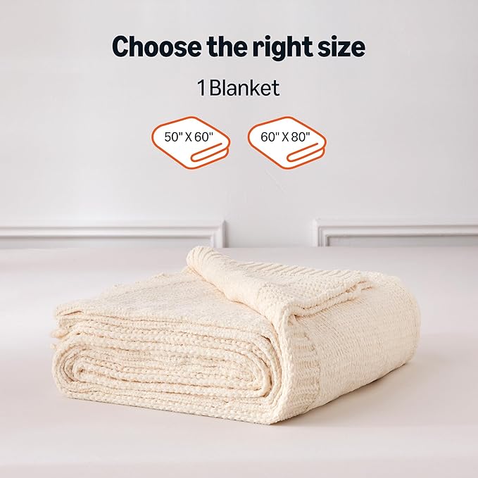 Amazon Basics Chunky Chenille Knit Microfiber Throw Blanket for Couch, Bed and Sofa, Soft and Warm Lightweight Jersey, 60"×80", White