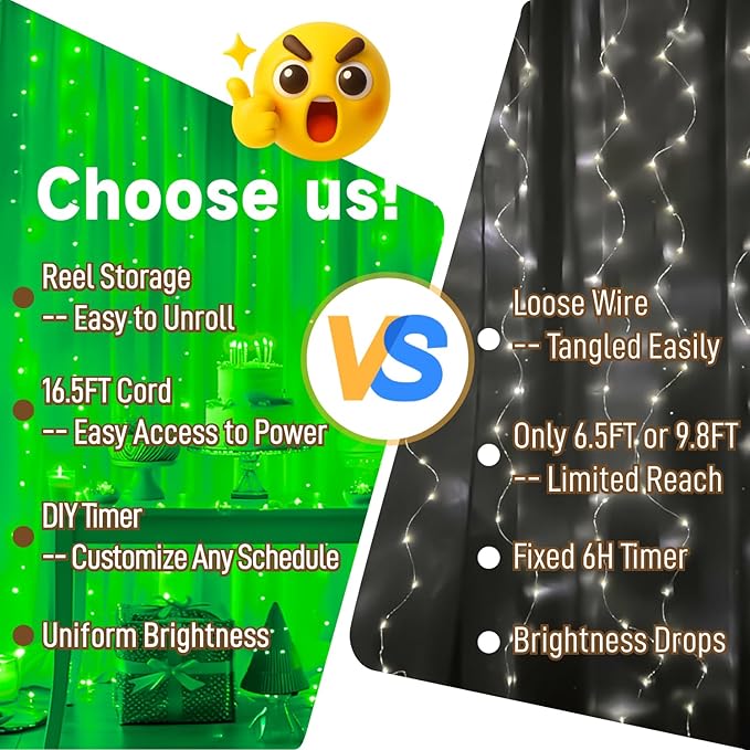 HXWEIYE 300LED Untangled Curtain Lights, 9.8x9.8Ft USB Fairy Twinkle String Lights with Remote and DIY Timer, 8 Modes Window Wall Hanging Light for Bedroom Dorm Backdrop Room Decor, Green