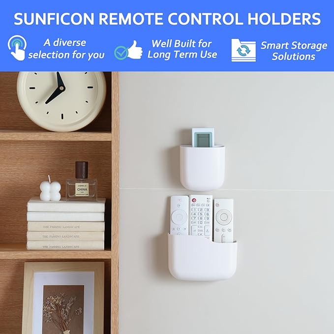 Remote Holder Wall Mount TV FAN Remote Control Holder Bedside Caddy Wall Organizer Phone Holder for Office Adhesive Media Player Controller Holder Box Tray Home Desk Nightstand White 1Big 2Small