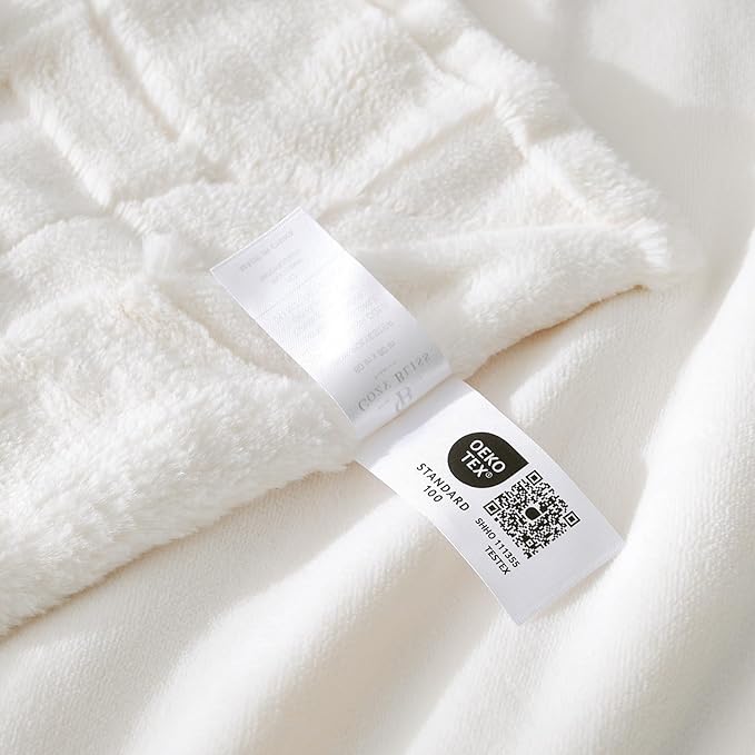 Cozy Bliss Checkered Faux Rabbit Fur Blanket Queen Size for Bed, Soft Fuzzy Blankets for Women Men, Large Furry Fleece Throw for Bedroom Decor (Ivory, 90'' x 90'')