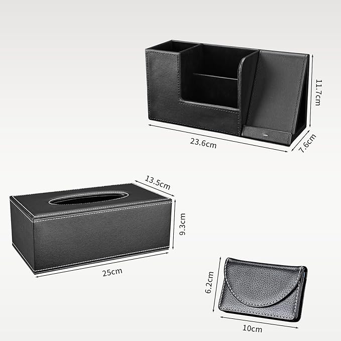 KINGFOM PU Leather Desk Organizer Pen Pencil Holder with Wireless Charger Stand for iPhone, Rectangular tissue box cover, Pocket Business Cards Holder Black-5PCS/SET