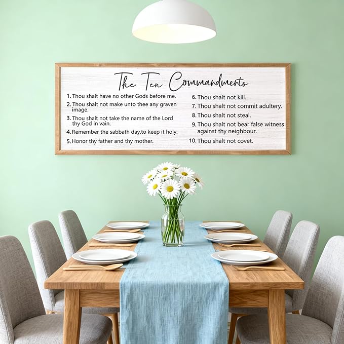 The Ten Commandments Wall Decor, 40x15 inch Rustic Bible Verse Wall Art, Christian Religious Scripture Print, Farmhouse Style Framed Wall Hanging Christian Gifts for Family Home, Natural