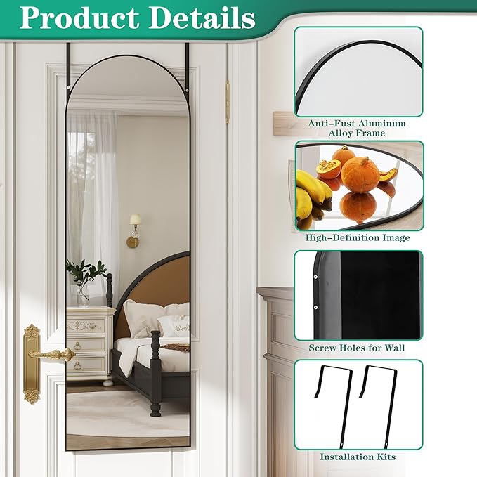 TinyTimes Over The Door Mirror Full Length, 48"x14"Door Hanging Mirror Full Length Arch Mirror, Behind The Door Wall Mirror, Back of Door for Closet Bedroom Living Room, Black