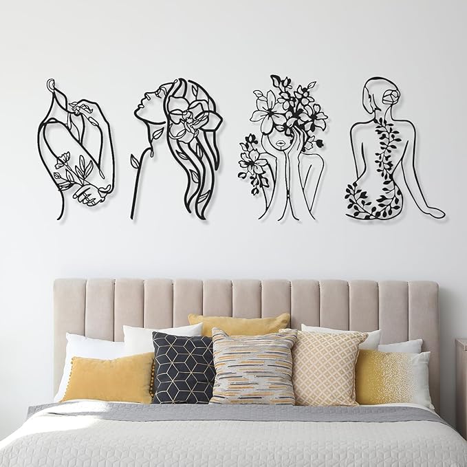 Photect 4 Pieces Metal Wall Art Decor Black Single Line Art Drawing Minimalist Abstract Female Woman Wall Sculptures Hanging Decor Accents for Bathroom Living Room(Modern)