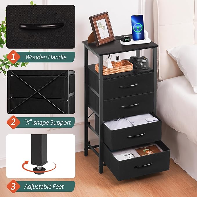 Yoobure Night Stand - Small Dresser for Bedroom, LED Black Nightstand with Charging Station, Bedside Table with 4 Fabric Drawers and Open Shelf, Vertical Dressers with USB Ports and Outlets