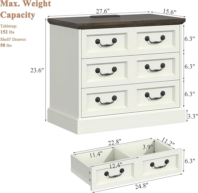 27.6" Wide Farmhouse Nightstand with Charging Station, 3 Drawer Nightstands Set of 2, Larger Side Table End Table, Modern Night Stand for Bedroom, Living Room, White Nightstand