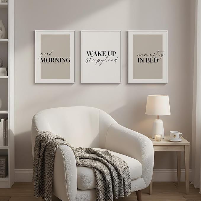 Framed Neutral 3 Piece Wall Art Master Bedroom, Minimalist Modern Painting Print Pictures Canvas Artwork for Walls, Typography Quote Good Morning Nursery Guest Room Wall Decor Above Bed, 12x16 Inch